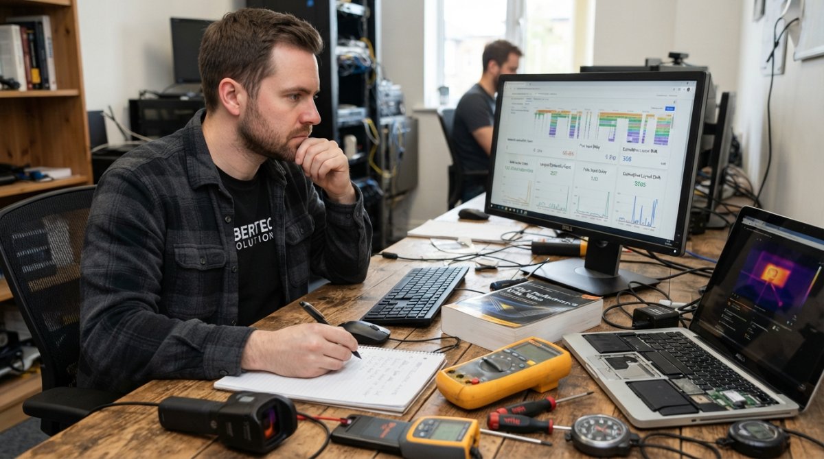 Web developer at desk with multiple monitors displaying website analytics dashboards and performance metrics, focused expression while reviewing data