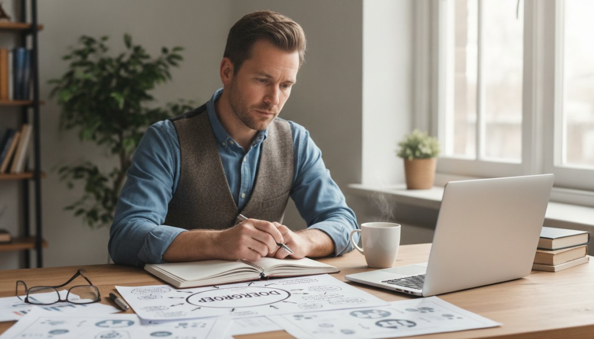 Ondernemer zit aan een houten bureau in een lichte kantoorruimte, maakt handgeschreven notities in een notitieboek naast een open laptop en een kop koffie, gefocuste blik op zijn aantekeningen