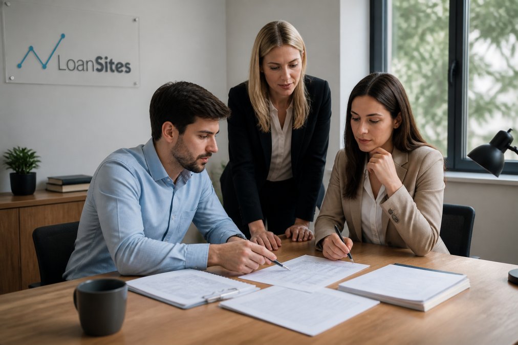 Mortgage broker team reviewing website analytics dashboard and migration checklist spreadsheet on desktop computer in professional office setting