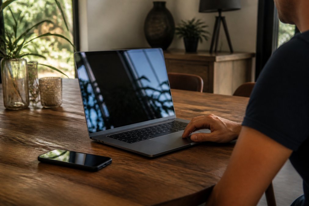 Laptop en smartphone naast elkaar op bureau, beide tonen website-testresultaten en laadtijdmetingen, professioneel dashboard met Core Web Vitals-scores zichtbaar