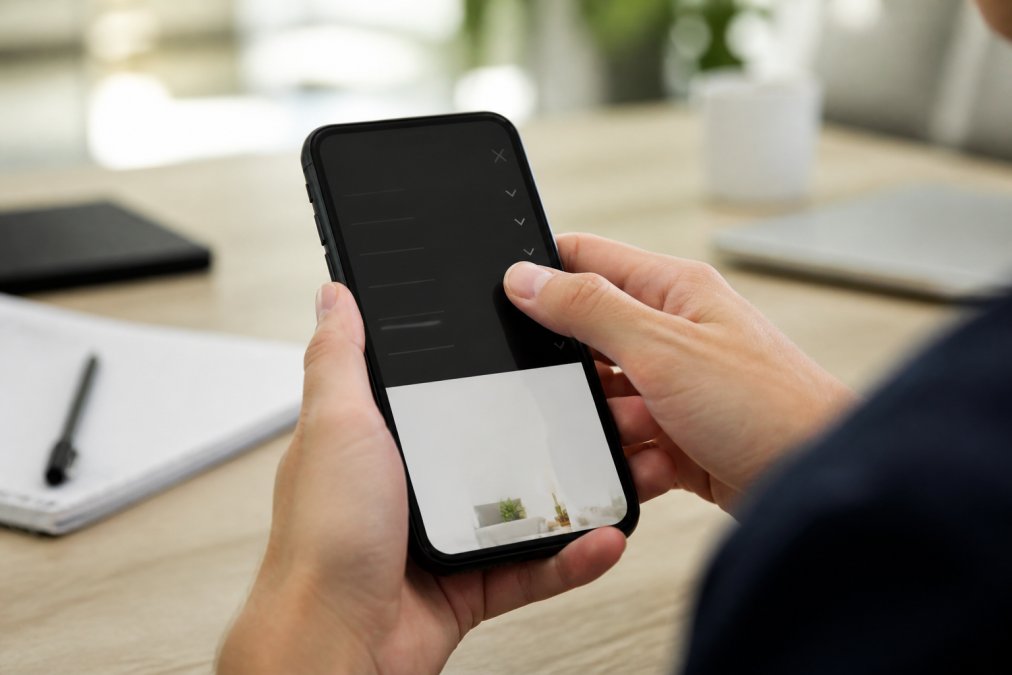 Handen met duim op een smartphone-scherm, navigatiemenu zichtbaar in geopende staat, lichte kantooromgeving op achtergrond