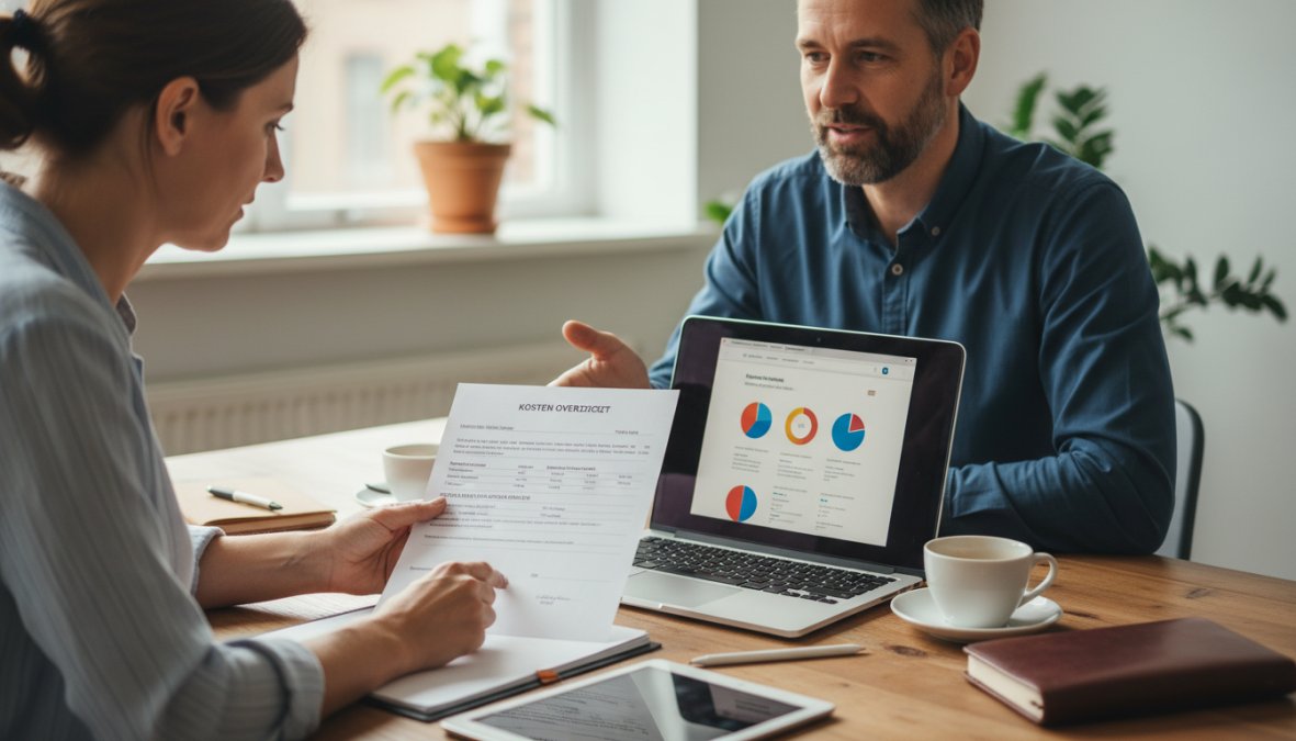 Een kleine ondernemer en een webprofessional die samen een serviceovereenkomst doornemen aan een bureau, met een open laptop waarop een website-dashboard zichtbaar is, in een lichte kantooromgeving
