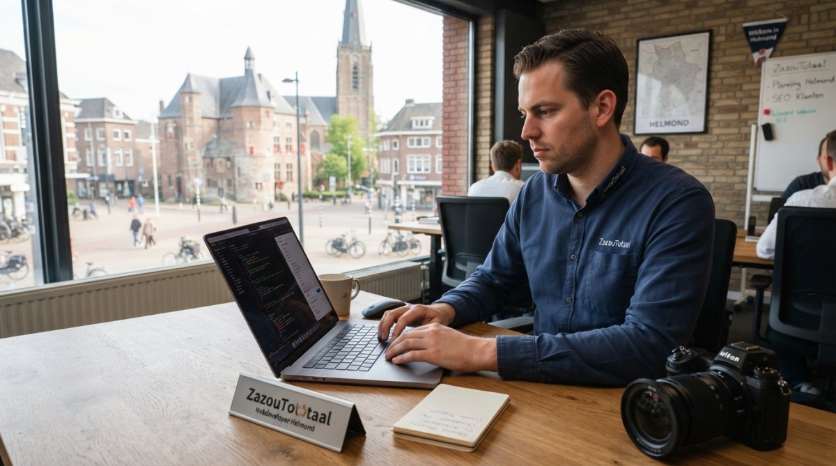 Een lokale ondernemer en een webprofessional kijken samen naar website analytics op een computermonitor in een modern kantoor in Helmond, met natuurlijk daglicht
