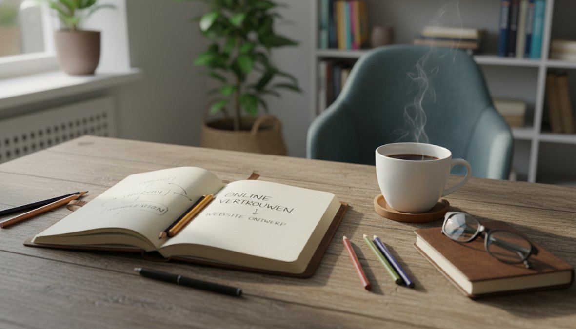 Een persoon die aandachtig [een professionele](/zo-creeer-je-een-professionele-uitstraling-met-je-website/) website bekijkt op een laptop aan een opgeruimd bureau, met een notitieboekje en koffie naast zich, in een lichte moderne thuiskantooromgeving met natuurlijk daglicht