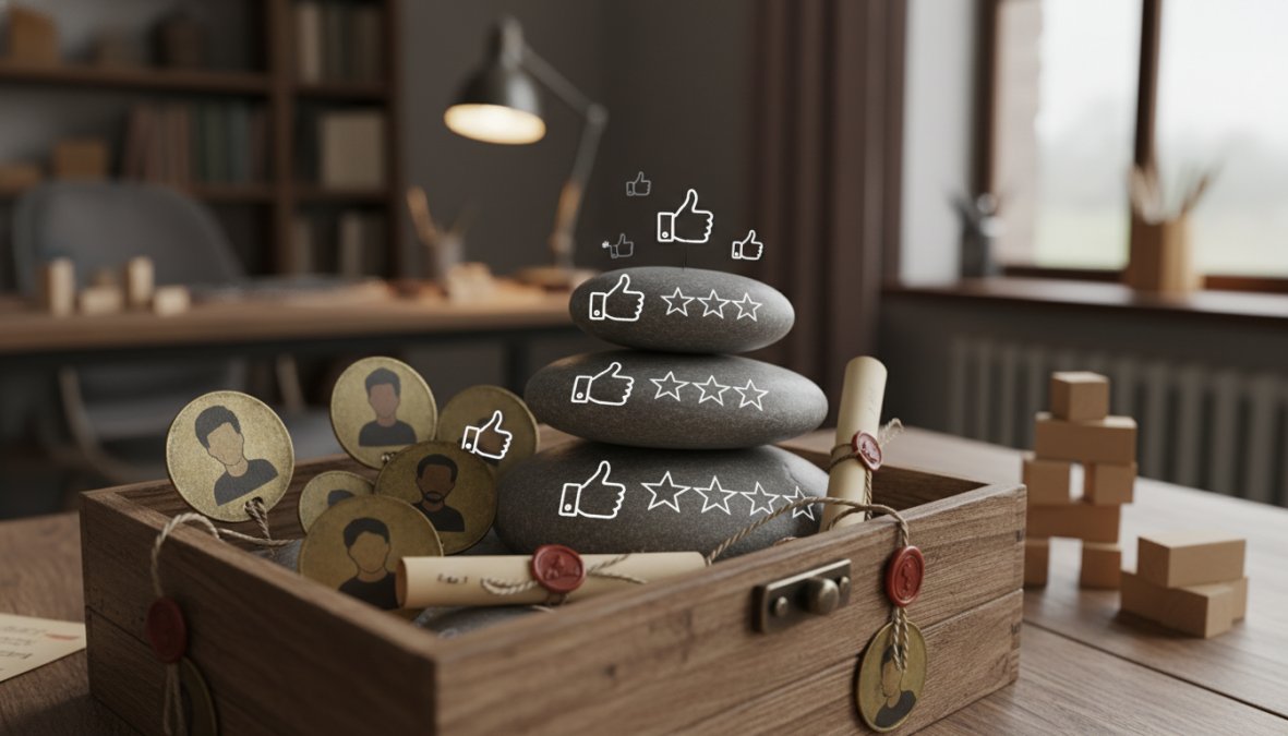 Close-up van een smartphonescherm waarop vijfsterrenrecensies en klanttestimonials zichtbaar zijn op een overzichtelijke website-interface, gefotografeerd op een houten bureau met warme verlichting