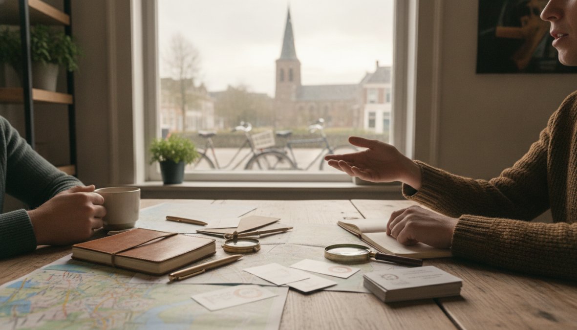 Lokale ondernemer overlegt over website ontwerp Helmond met een webdesigner in een modern kantoor op een laptop.