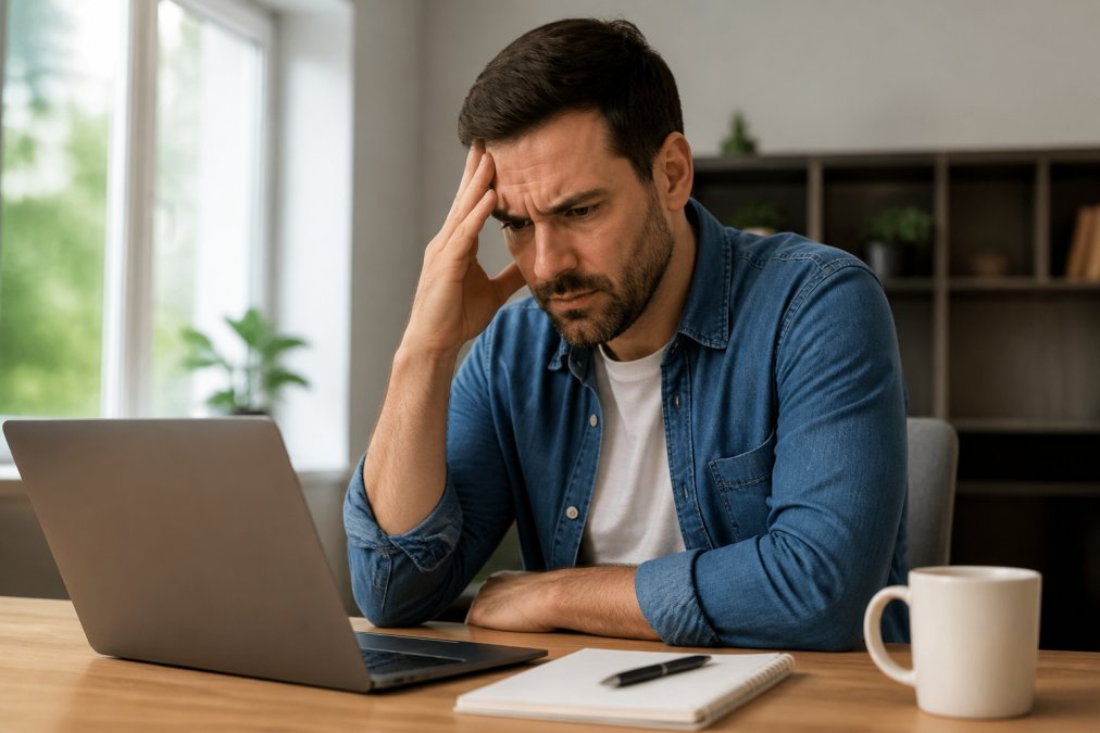 Ondernemer kijkt gefrustreerd naar een langzaam ladende website op zijn laptop, met een kop koffie op het bureau, natuurlijk kantoorlicht door het raam