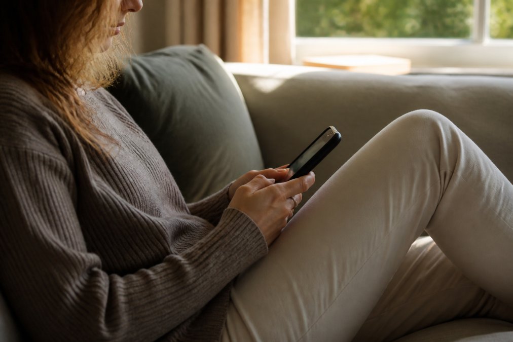 Iemand typt op een mobiel telefoon met een duidelijke call-to-action knop zichtbaar op het scherm in een natuurlijke omgeving, zittend op een bank met warm daglicht