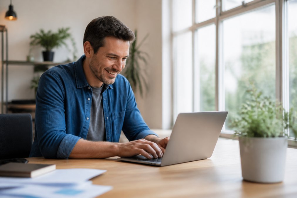 Ondernemer zit gefocust aan bureau voor laptopscherm met analytics dashboard, glimlachend terwijl laadtijd-grafieken verbeteren, natuurlijke daglicht vanuit raam