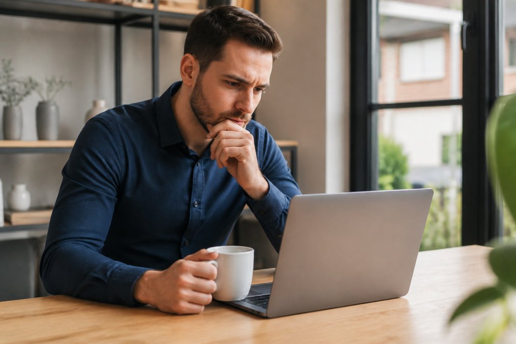 Ondernemer kijkt op laptop naar laadtijdgegevens met koffie op bureau, gefocuste uitdrukking