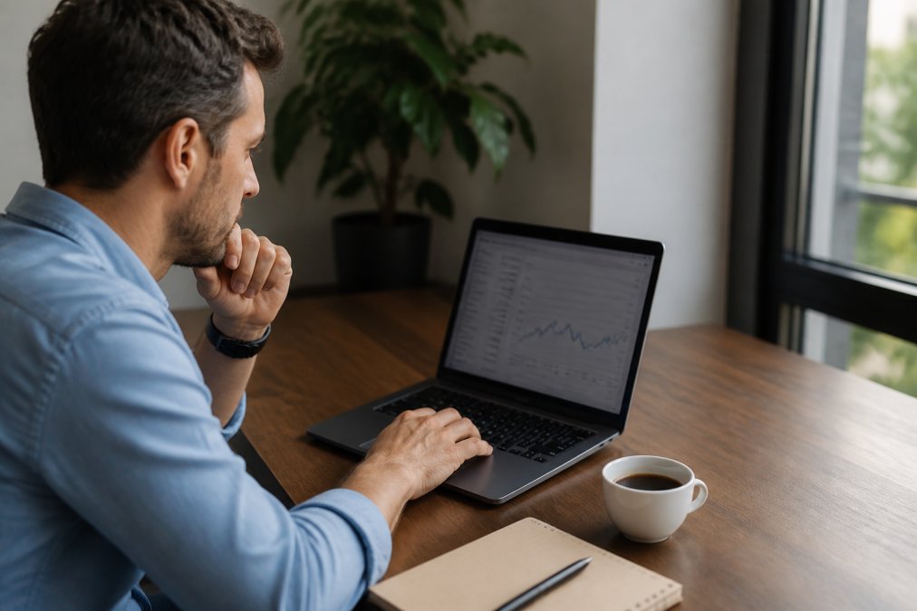 Ondernemer zittend aan bureau, kijkend naar laptop met analytics dashboard en grafieken, met notitieblok en koffie ernaast, natuurlijk licht van raam