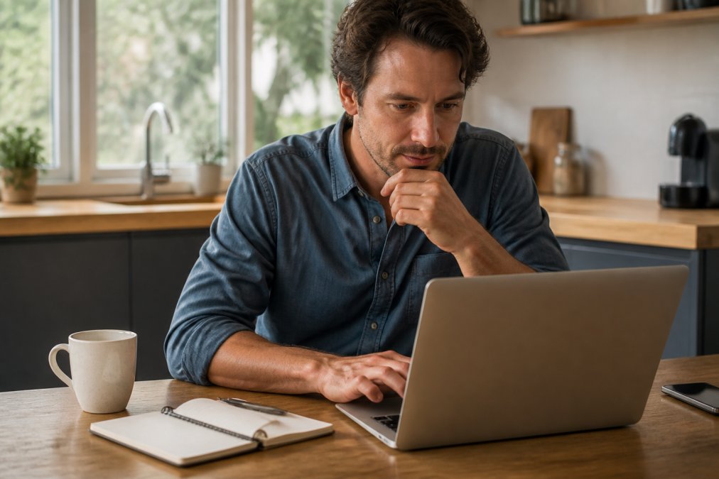 Website optimaliseren zonder technische kennis Een zzp'er zit achter een laptop aan een keukentafel en bekijkt de statistieken van zijn website in een browser, met een notitieblok en koffiekopje ernaast
