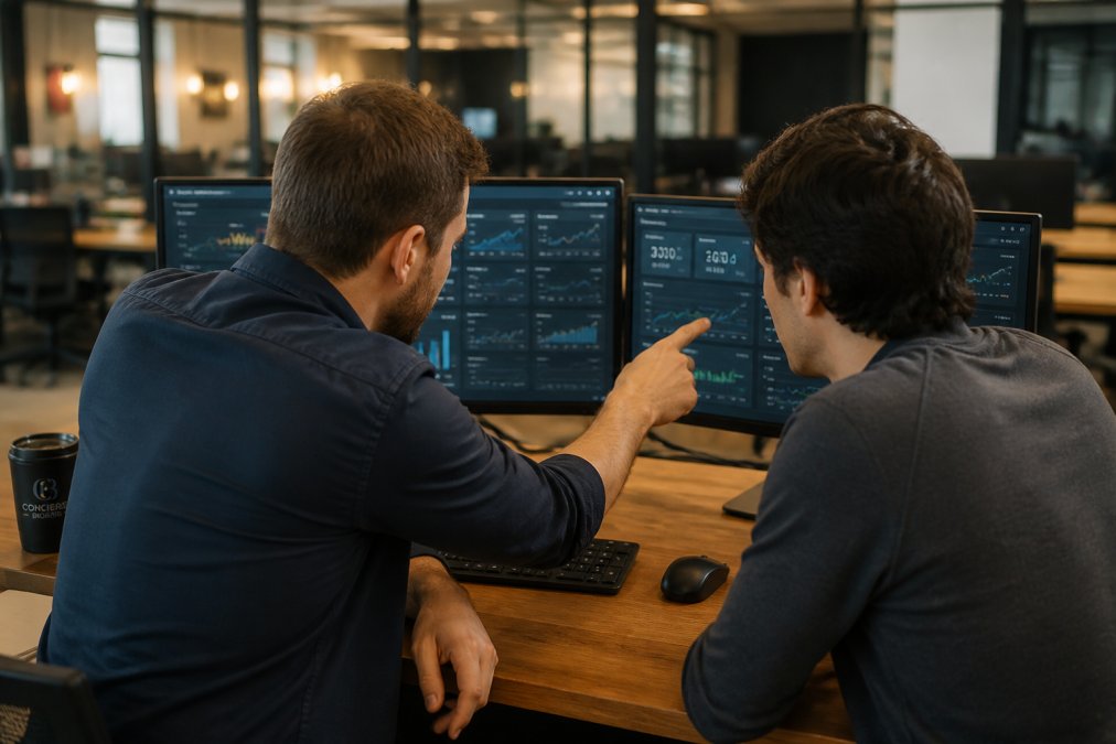 A CTO and a developer reviewing website analytics dashboards on dual monitors in a modern open-plan office, warm overhead lighting, both leaning toward the screens in focused discussion