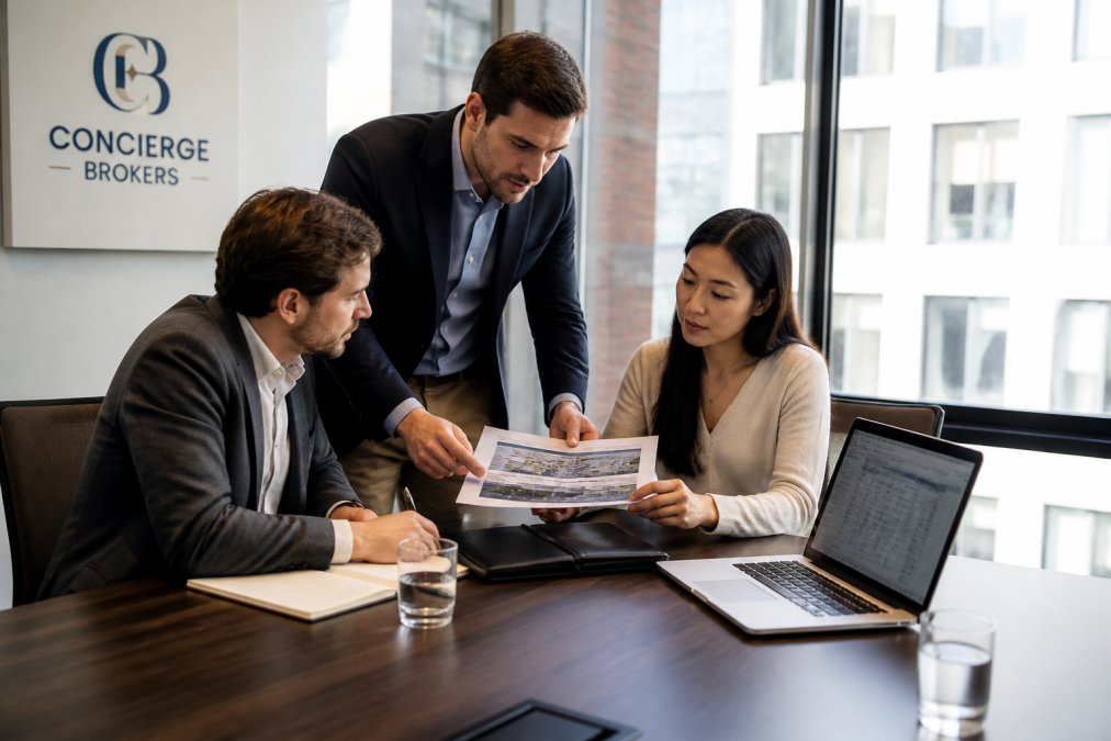 Three business professionals in a boardroom, two seated and one standing, reviewing a printed technical report together, with a laptop open showing performance data on screen, natural daylight from large windows