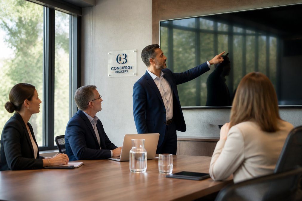 Business team gathered around conference table reviewing real-time performance dashboard on large monitor, pointing and discussing metrics