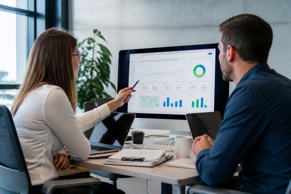 A digital analyst and a marketing manager reviewing website performance dashboards on a large monitor in a modern office, pointing at graphs and discussing priorities