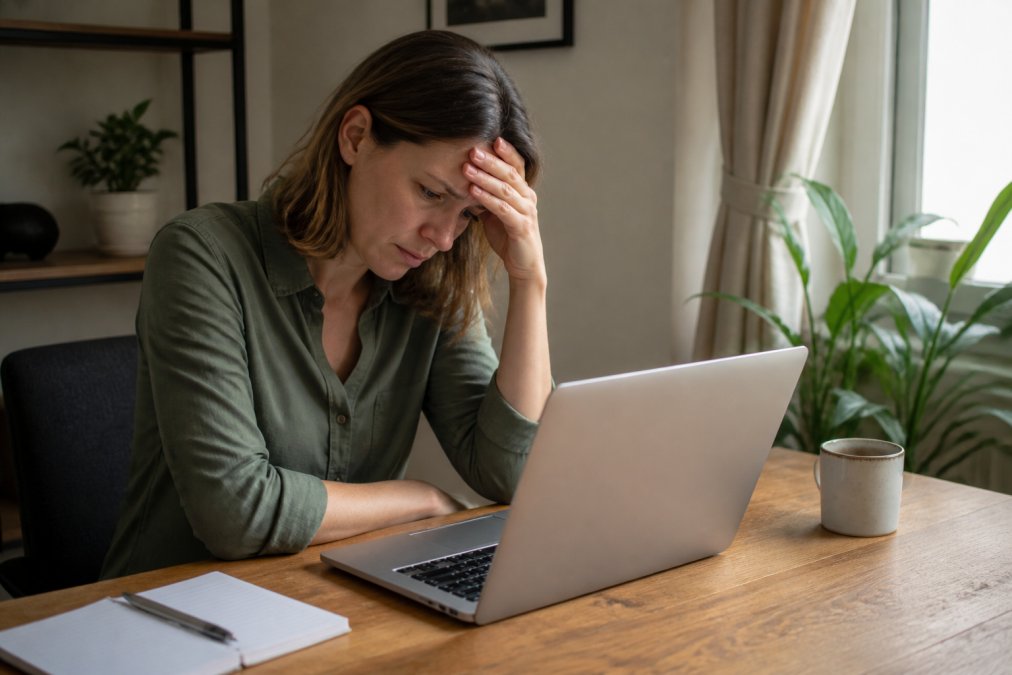 Ondernemer zittend aan bureau met laptop, kijkend naar scherm met rode foutmelding, hand op hoofd in frustratiegebaar, kantoor met natuurlijk licht