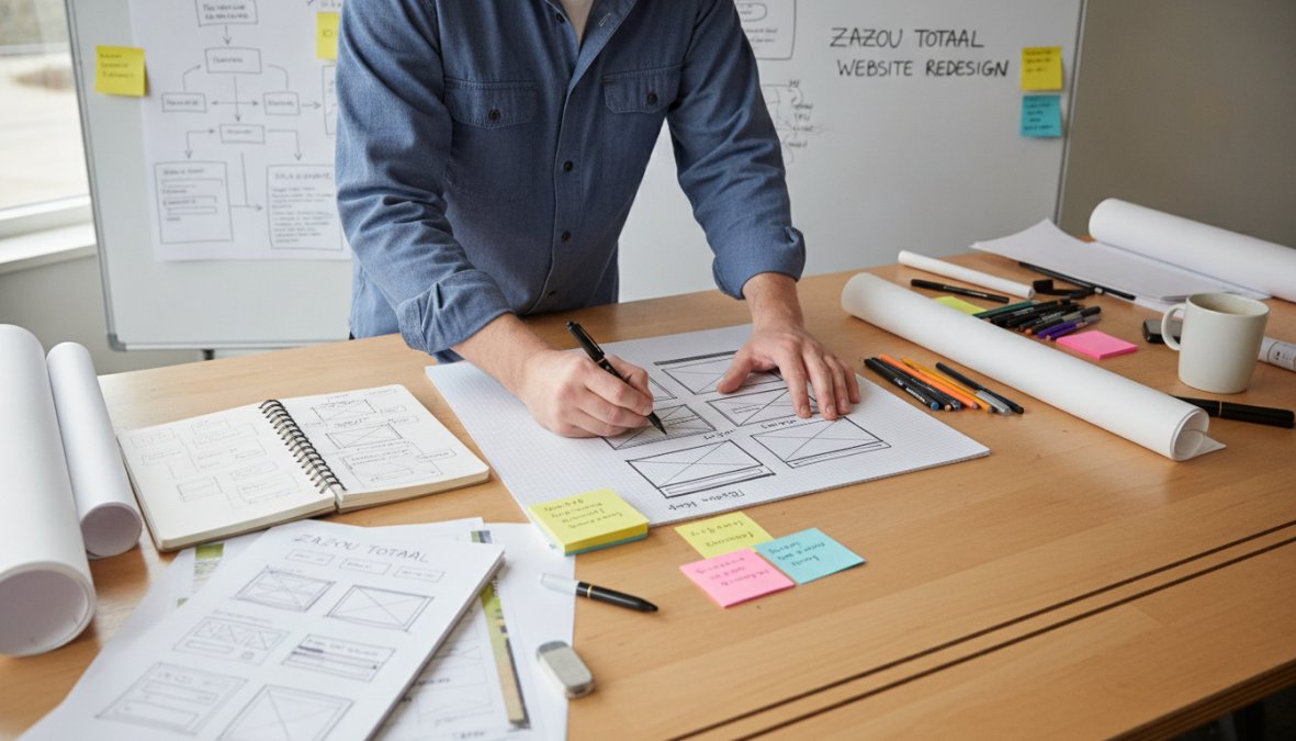 Designer working on wireframes and prototypes on laptop with design tools visible, surrounded by notepads and sketches in a creative workspace