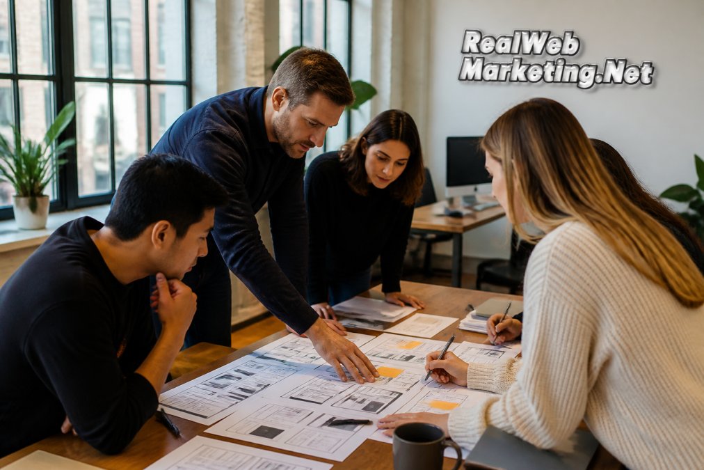 Professional web designers and developers collaborating around a desk with multiple monitors displaying wireframes, design mockups, and website layouts in a modern office with natural lighting