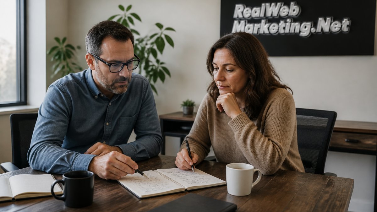 Business owner and marketer reviewing analytics during a website refresh redesign strategy session