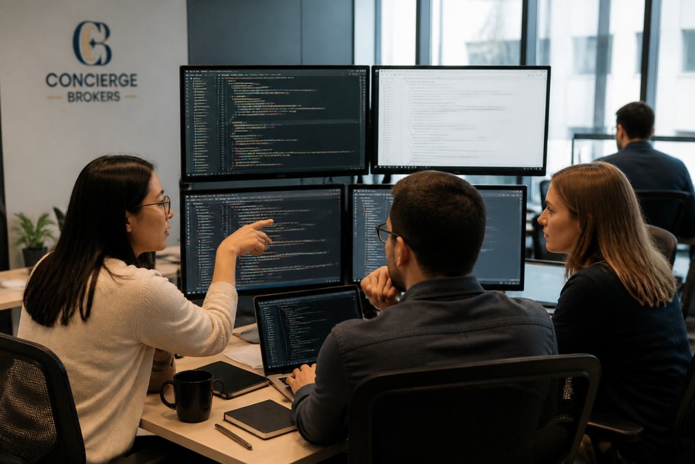 Development team collaborating around desk with multiple monitors displaying website code and accessibility compliance reports, professional office environment with focused lighting