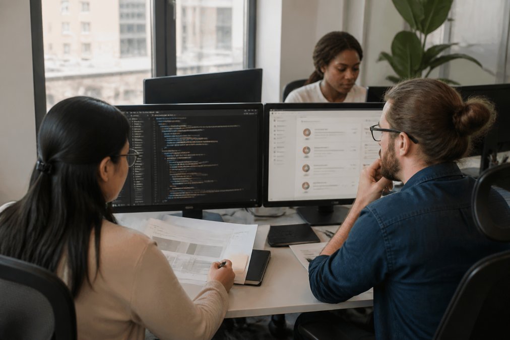 A diverse team of accessibility specialists and developers reviewing website code and audit reports on multiple monitors in a modern office