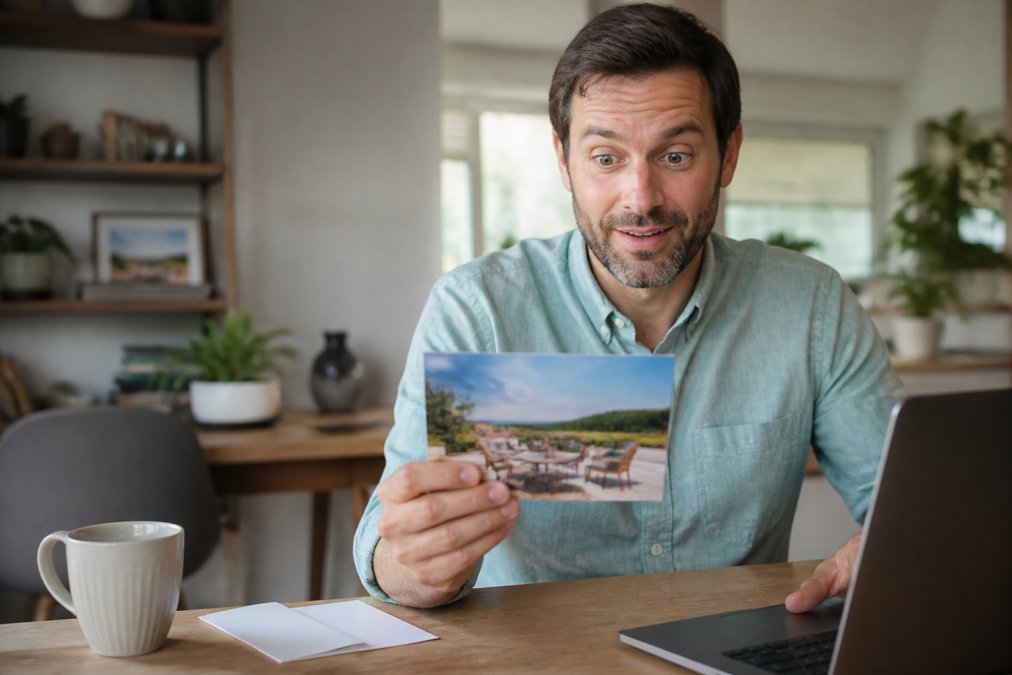 A person in a bright home office holding a physical postcard while looking at a laptop screen displaying a website, with a look of recognition on their face