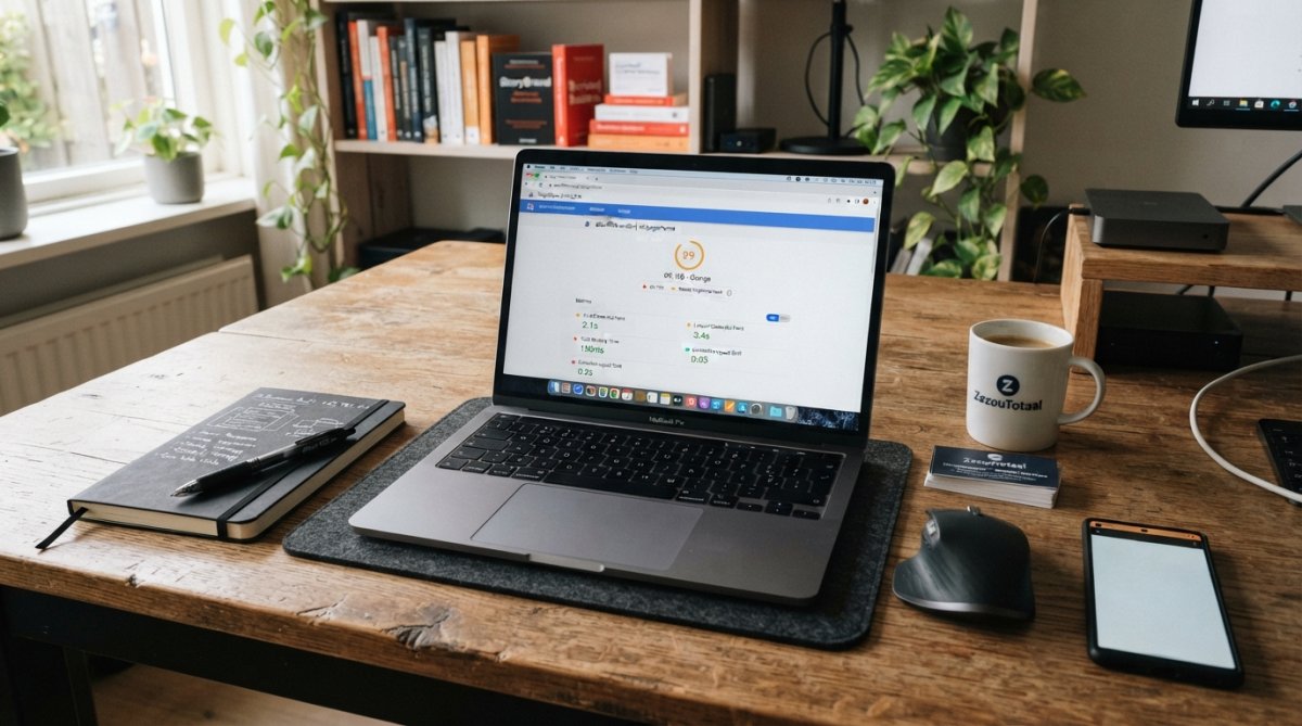 Laptop scherm met Google PageSpeed Insights dashboard, groene en rode scores zichtbaar, kopje koffie op houten bureau in kantoor