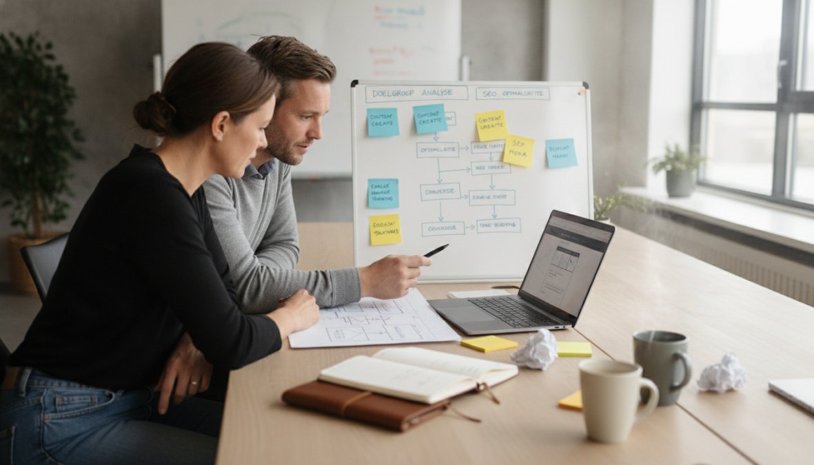A small business owner and a web strategist sitting together at a desk, reviewing a website plan on a laptop with sticky notes and a notepad nearby, warm natural light from a large window in a modern workspace