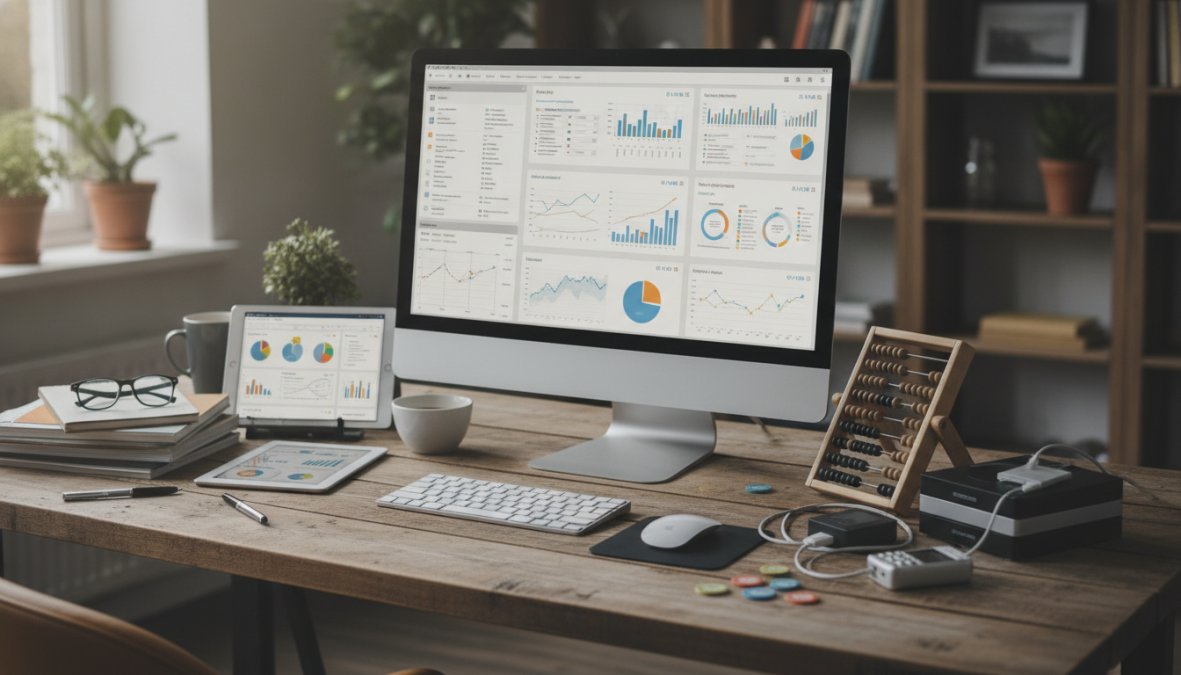 Close-up of a person's hands on a laptop keyboard with analytics dashboards visible on the screen, a coffee cup and open notebook resting on the side in a clean, well-lit office environment