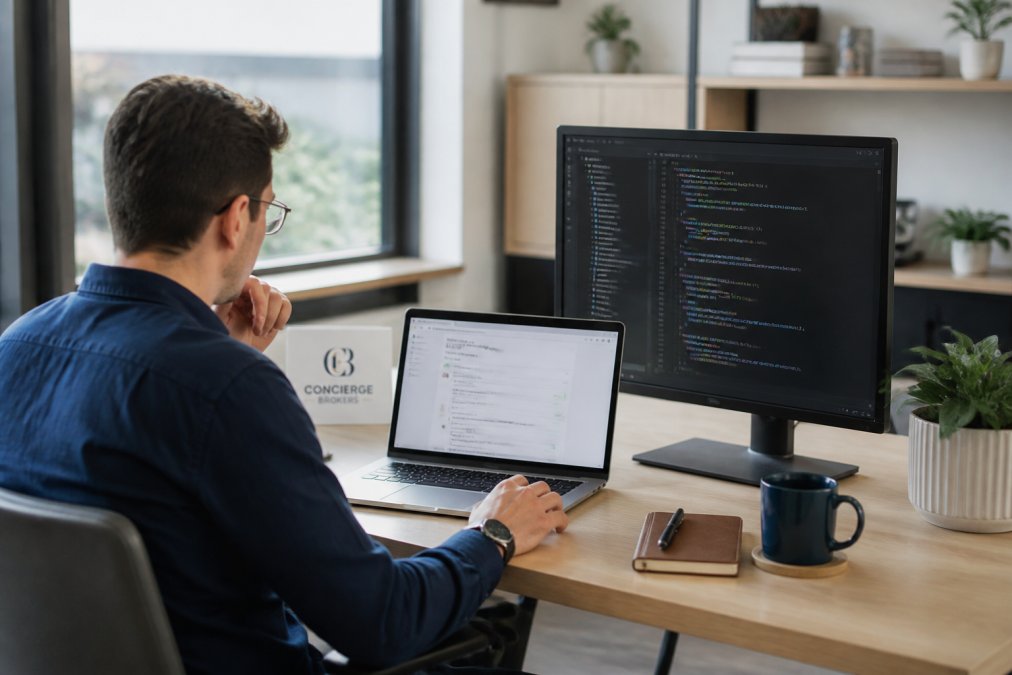 A software developer reviewing a pull request on a laptop with a second monitor showing code and documentation files in a bright modern office