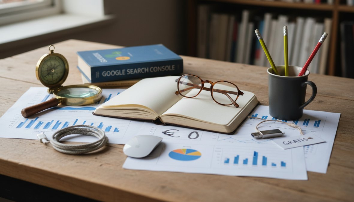 Website vindbaarheid verbeteren in Google: stappenplan 2026 2 Kleine ondernemer zit aan een bureau en gebruikt Google Search Console op een desktopmonitor in een lichte thuiskantooromgeving, met een koffiekopje en notitieboek naast het toetsenbord
