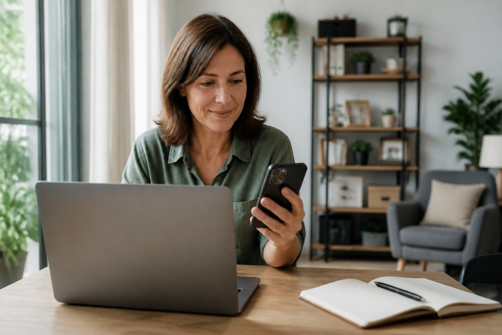 A small business owner sitting at a desk, reviewing their website on a laptop and a smartphone simultaneously, with a bright, modern home office in the background