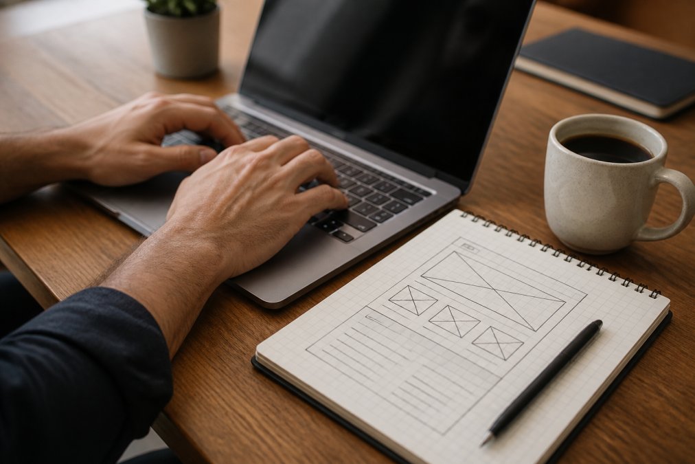 Hands typing on a laptop keyboard with a notepad showing a simple website wireframe sketch, a coffee cup nearby on a wooden desk