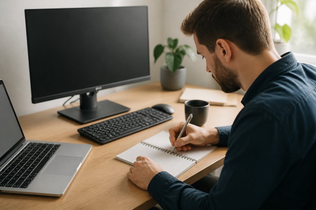 Eine Person sitzt an einem Schreibtisch mit Laptop und notiert sich E-Mail-Zugangsdaten auf einem Notizblock. Im Hintergrund ist ein Monitor mit einem Hosting-Kontrollpanel zu sehen.