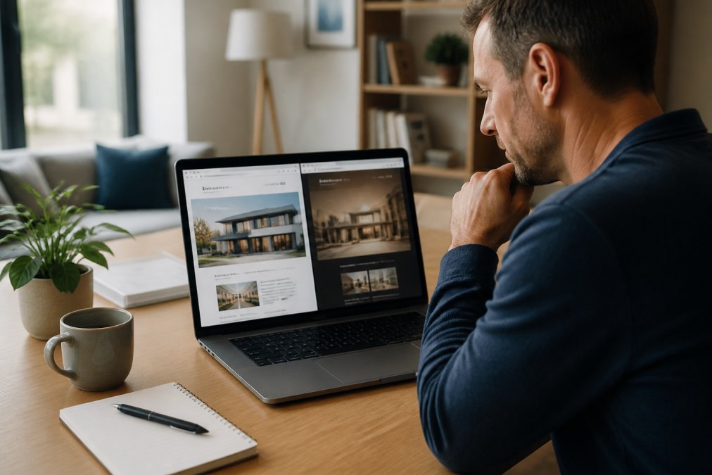 A small business owner comparing two website layouts on a laptop screen in a bright home office, with a notepad and coffee nearby