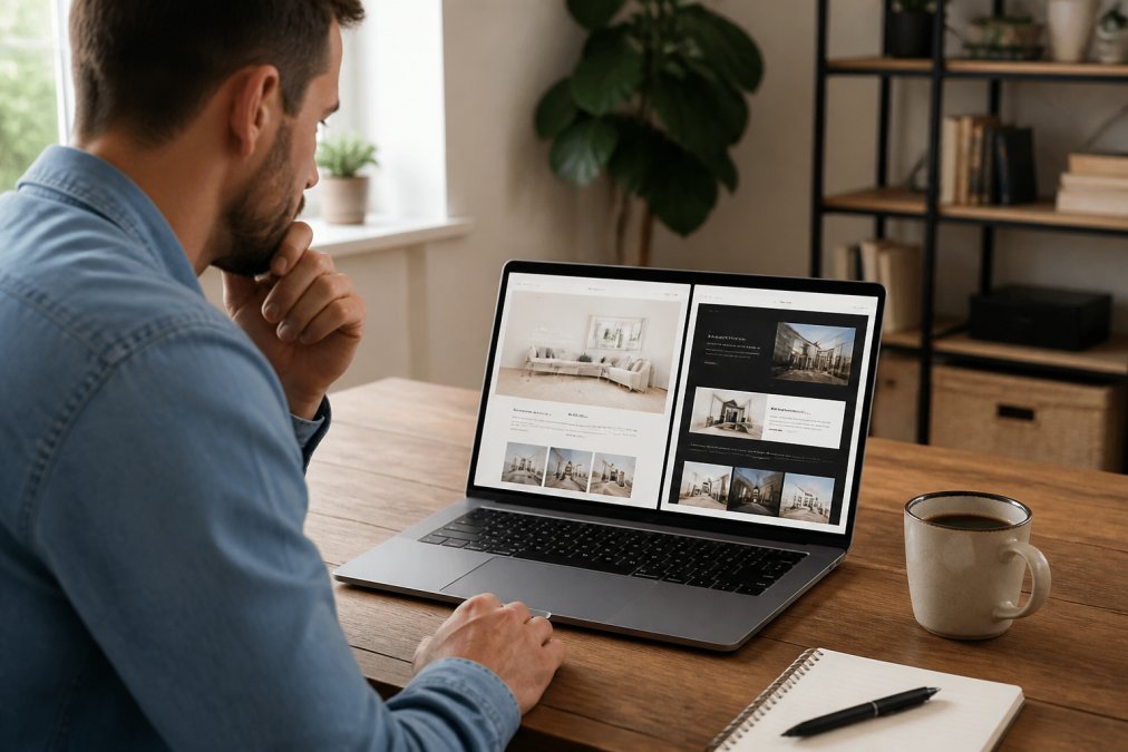 A small business owner comparing two website designs on a laptop screen, with a coffee cup and notepad on a wooden desk in a bright home office