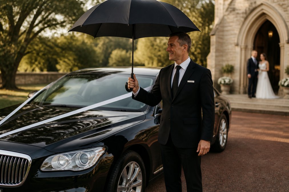 Chauffeur holding an umbrella by a luxury sedan with ribbons for wedding cars in Perth at a venue