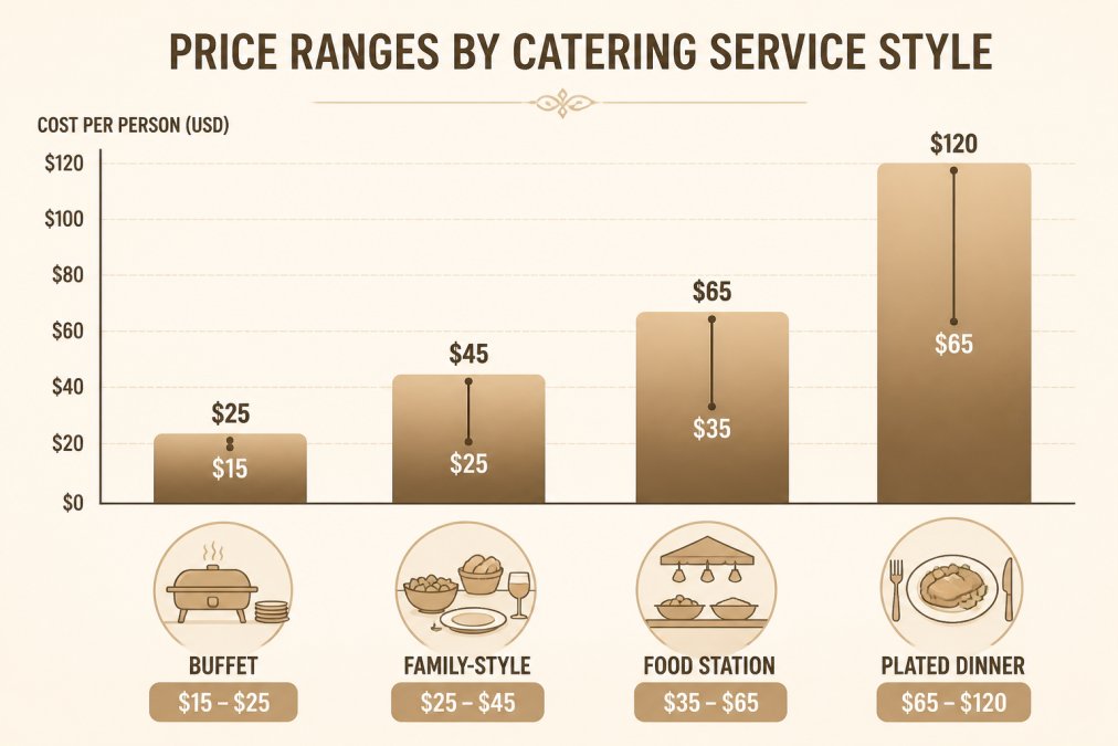 Bar chart comparing average per-person costs across buffet service $X, family-style service $Y, food-station service $Z, and plated dinner $W, with price ranges for each