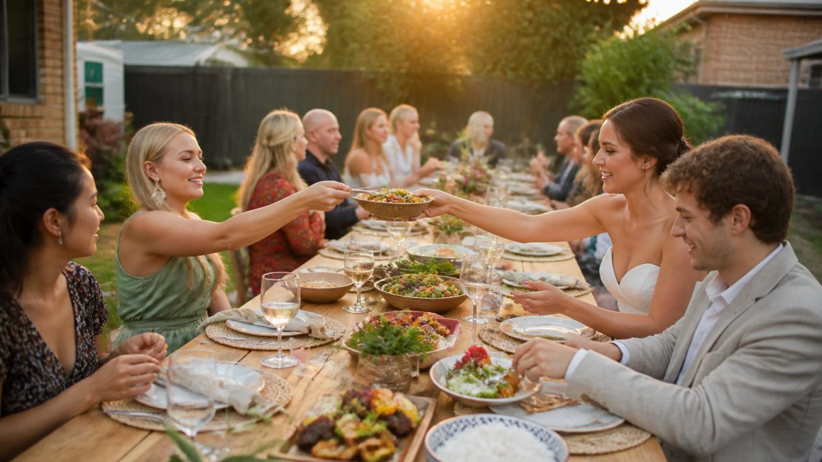 Guests enjoying Indonesian shared platters at a backyard wedding catering for small backyard parties Adelaide event.