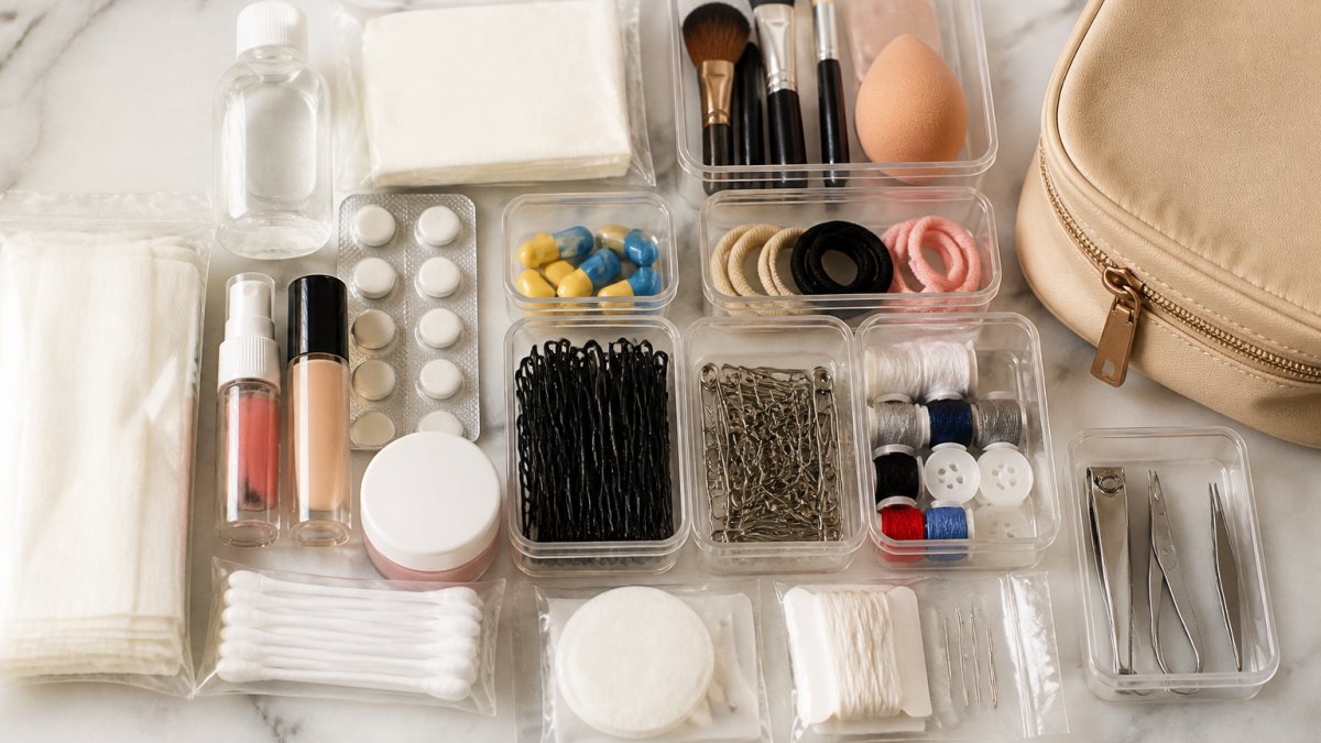 Infographic layout displaying essential items for a wedding day emergency kit organized by category