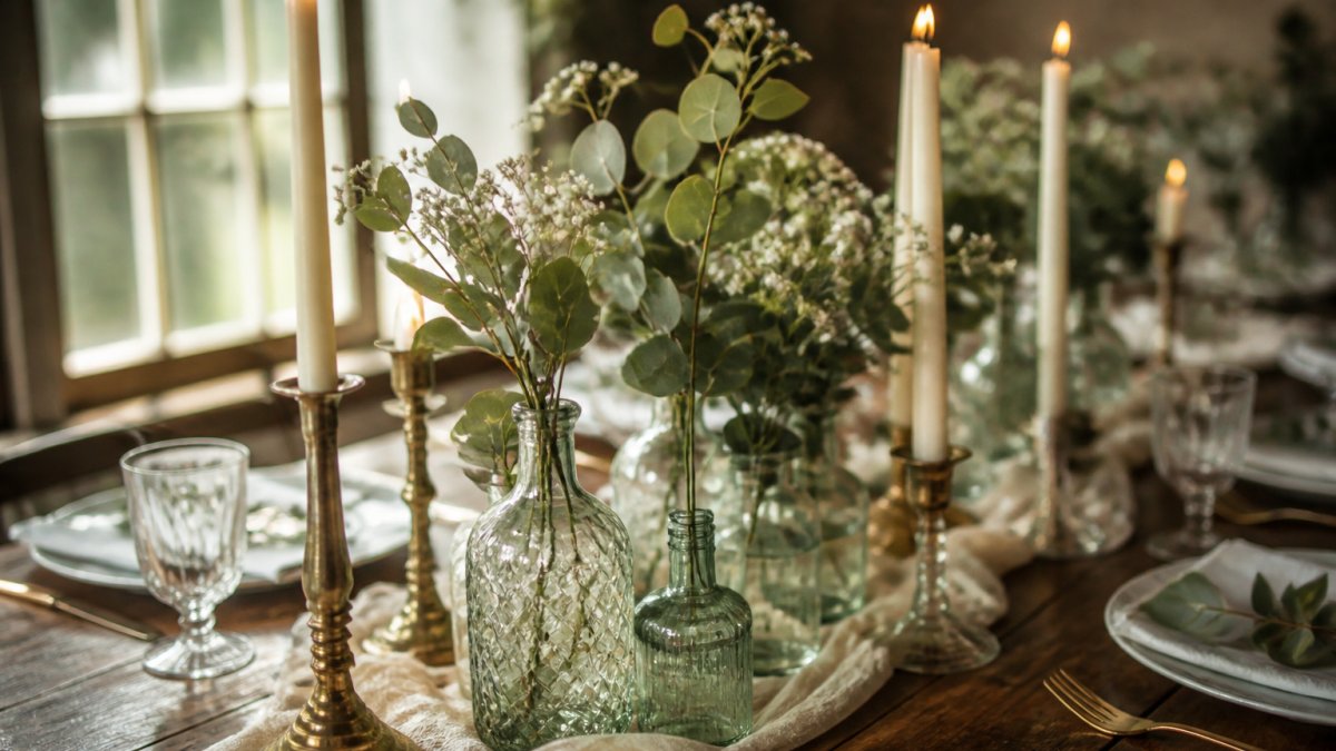 A close-up of a handmade wedding centerpiece on a rustic wooden table, featuring thrifted glass vases, eucalyptus greenery, and lit taper candles in mismatched holders, with soft natural light from a nearby window