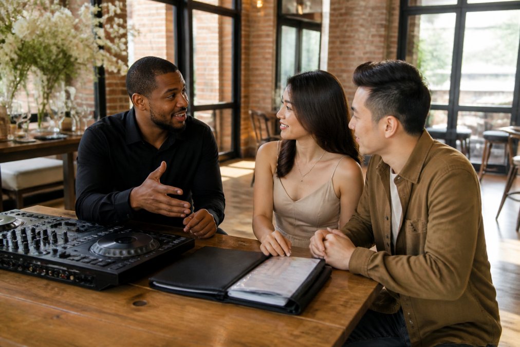 A couple discussing music and wedding DJ cost NYC with a professional at a bright, modern venue consultation