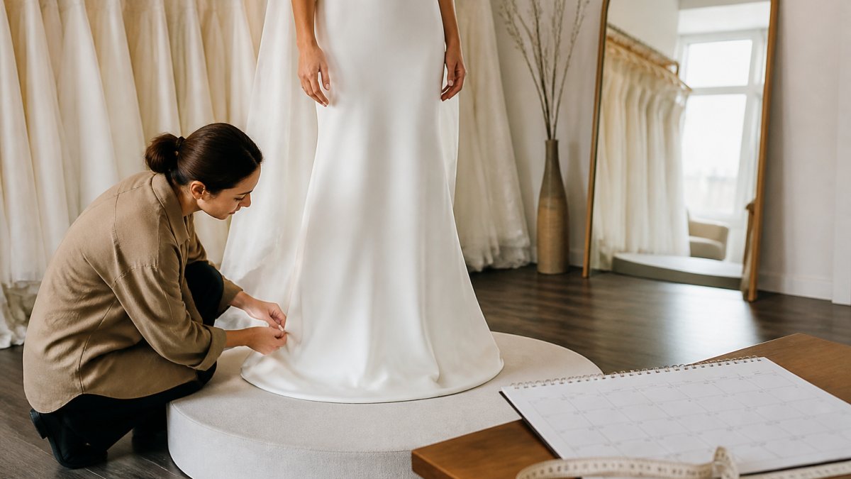Infographic timeline illustrating the step-by-step bridal fitting process and recommended booking windows