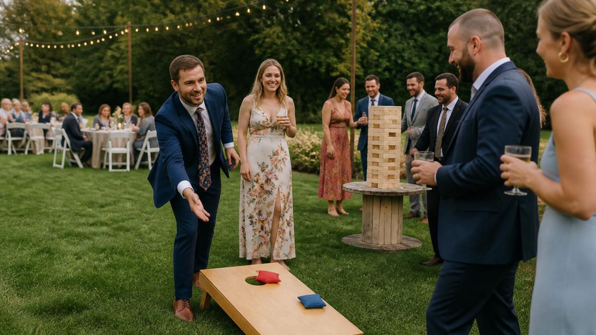 Wedding guests laughing while playing lawn games like cornhole as unique wedding entertainment ideas outdoors.