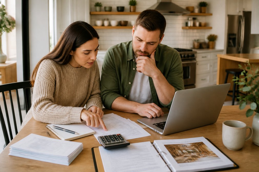 Couple using a calculator and laptop to manage their wedding guest list and budget planning process
