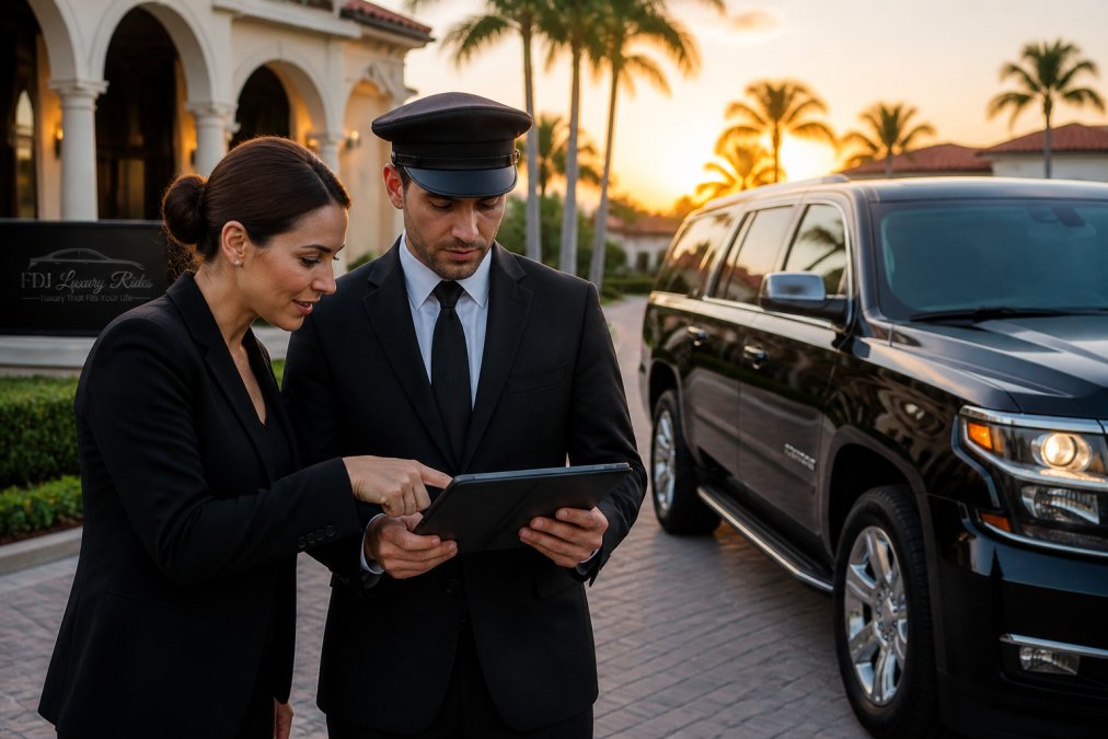 A wedding planner and chauffeur reviewing a route map and timeline on a tablet beside a black luxury SUV outside a Florida venue at golden hour