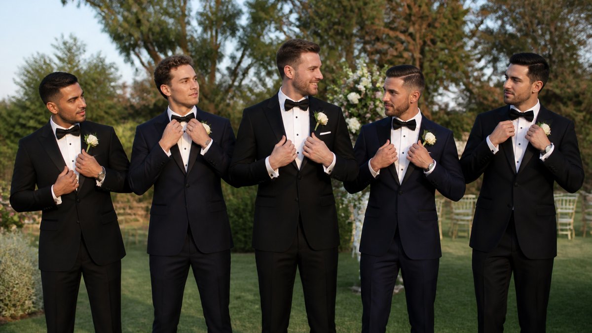 A groom and five groomsmen in black and navy tuxedos standing in a row outdoors before a wedding ceremony, adjusting lapels and bow ties in warm late-afternoon light