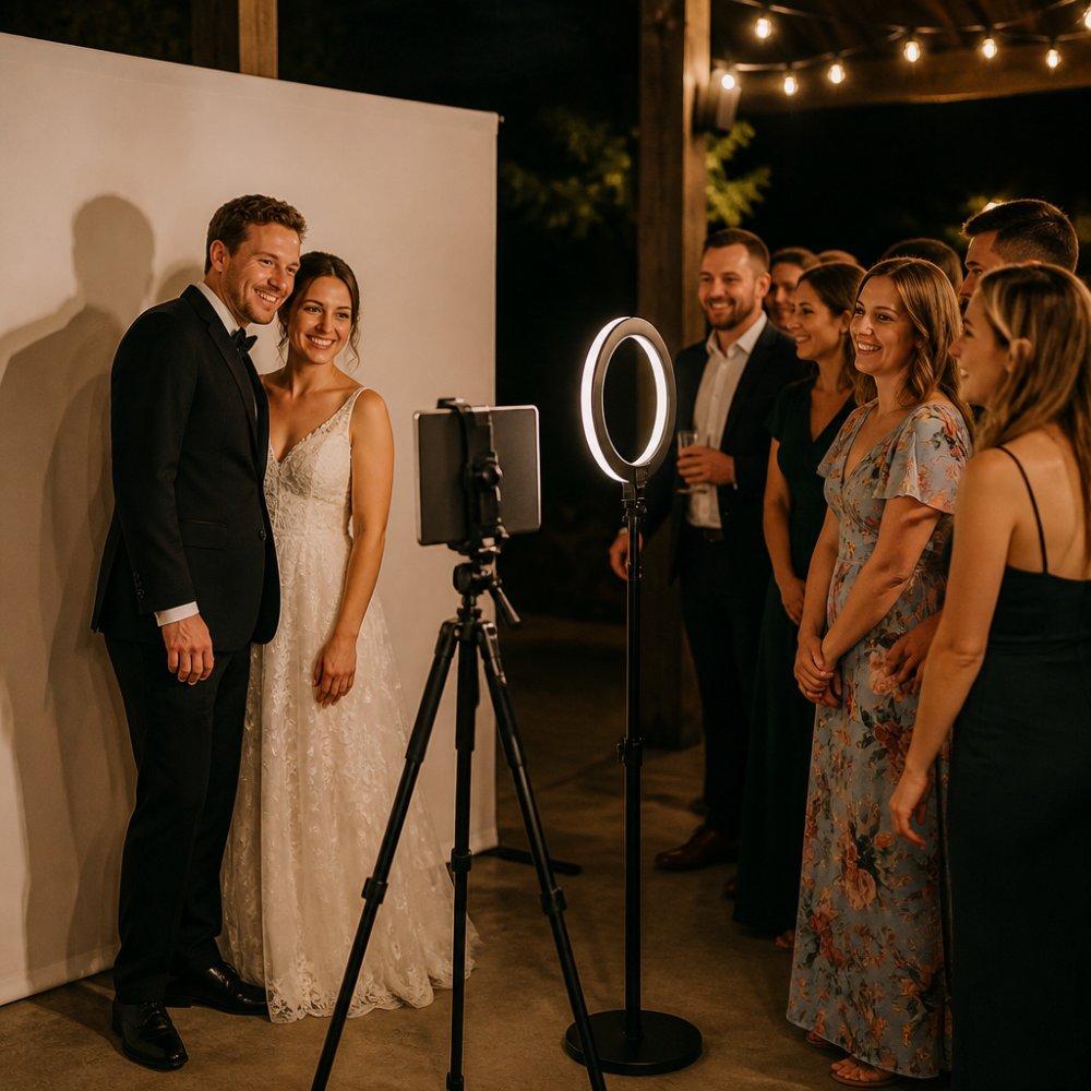 A bride and groom posing at a minimalist DIY photo station with a neutral backdrop, ring light, and iPad mounted on a tripod, with guests in the background waiting their turn