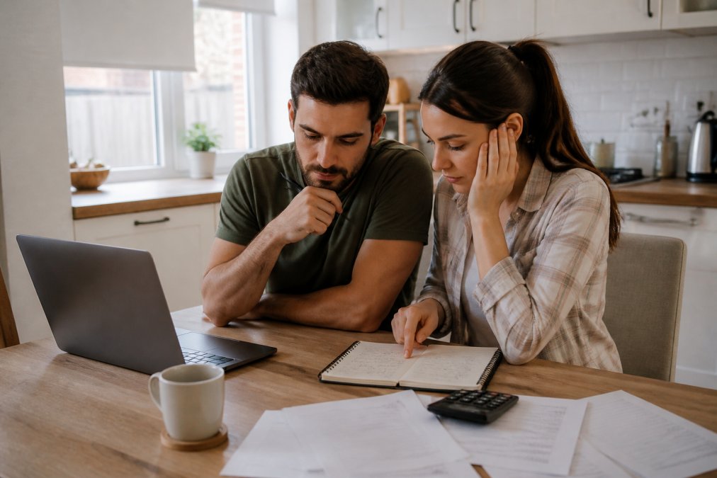 Engaged couple sitting at a kitchen table with a laptop, notebook, and calculator, reviewing wedding budget and timeline together with coffee nearby